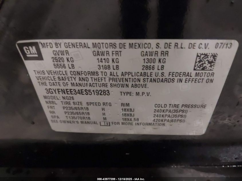 2014 Cadillac Srx Luxury Collection VIN: 3GYFNEE34ES519283 Lot: 43977399