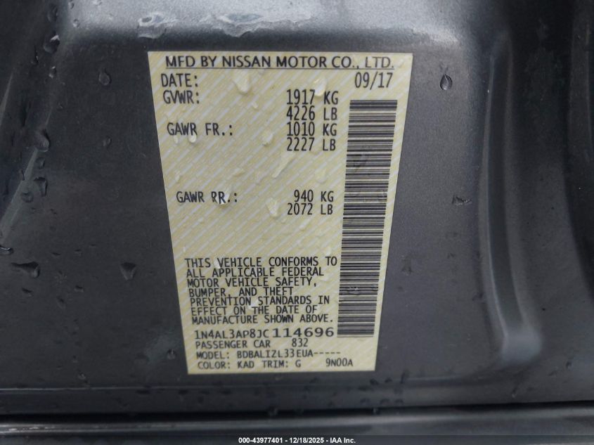 2018 Nissan Altima 2.5 Sv VIN: 1N4AL3AP8JC114696 Lot: 43977401