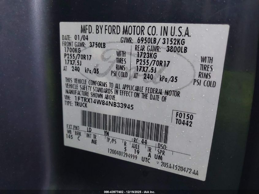 2004 Ford F-150 Stx/Xl/Xlt VIN: 1FTRX14W84NB33945 Lot: 43977402