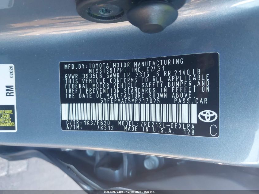 2021 Toyota Corolla Le VIN: 5YFEPMAE5MP217025 Lot: 43977404