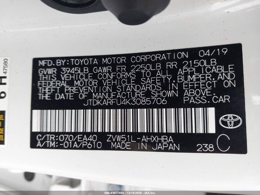 2019 Toyota Prius Limited VIN: JTDKARFU4K3085706 Lot: 43977405