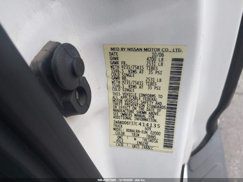 2007 Nissan Frontier Xe VIN: 1N6BD06T37C414135 Lot: 43977408