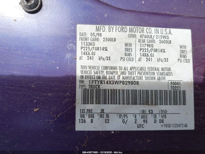 1998 Ford Ranger Splash/Xl/Xlt VIN: 1FTYR14X3WPB29808 Lot: 43977409