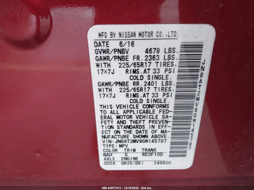 2016 Nissan Rogue Sv VIN: JN8AT2MV9GW145787 Lot: 43977413