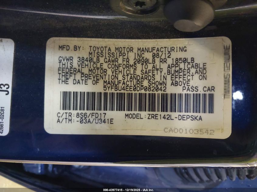 2013 Toyota Corolla S VIN: 5YFBU4EE0DP082042 Lot: 43977415