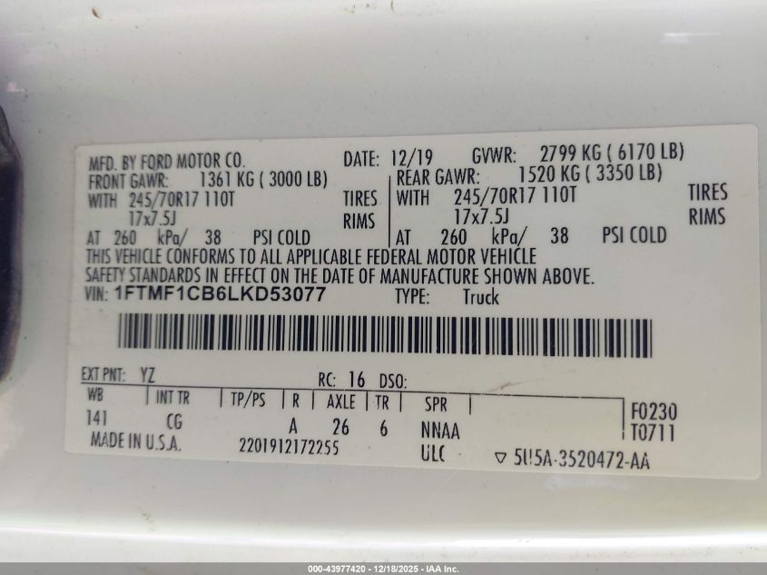 2020 Ford F-150 Xl VIN: 1FTMF1CB6LKD53077 Lot: 43977420