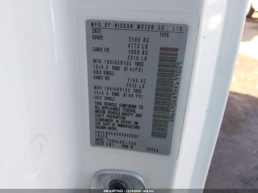 2017 Nissan Nv200 Sv VIN: 3N6CM0KN9HK699009 Lot: 43977422