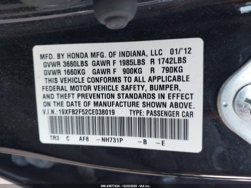 2012 Honda Civic Lx VIN: 19XFB2F52CE038019 Lot: 43977424