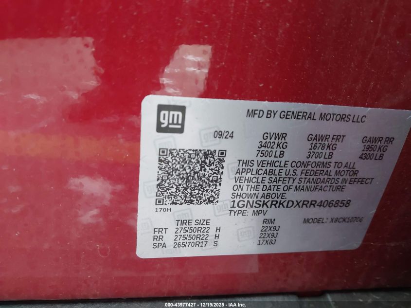 2024 Chevrolet Tahoe 4Wd Rst VIN: 1GNSKRKDXRR406858 Lot: 43977427