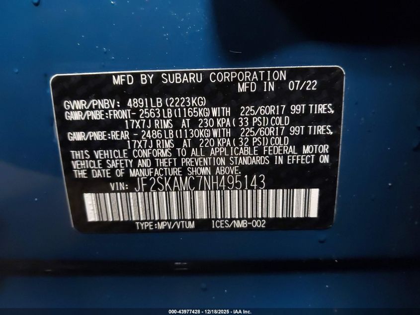 2022 Subaru Forester Wilderness VIN: JF2SKAMC7NH495143 Lot: 43977428