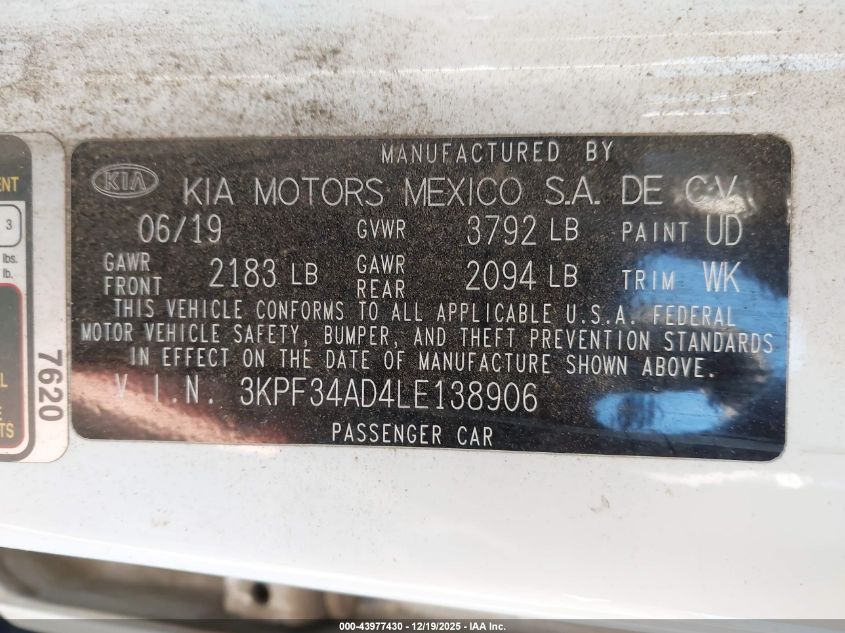 2020 Kia Forte Gt-Line VIN: 3KPF34AD4LE138906 Lot: 43977430