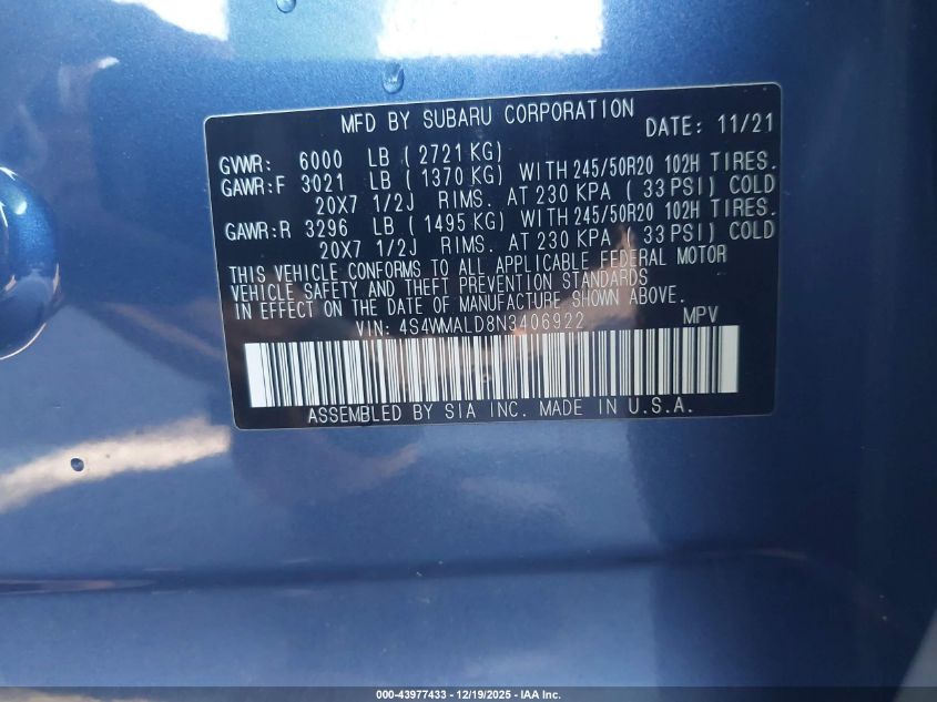 2022 Subaru Ascent Limited VIN: 4S4WMALD8N3406922 Lot: 43977433