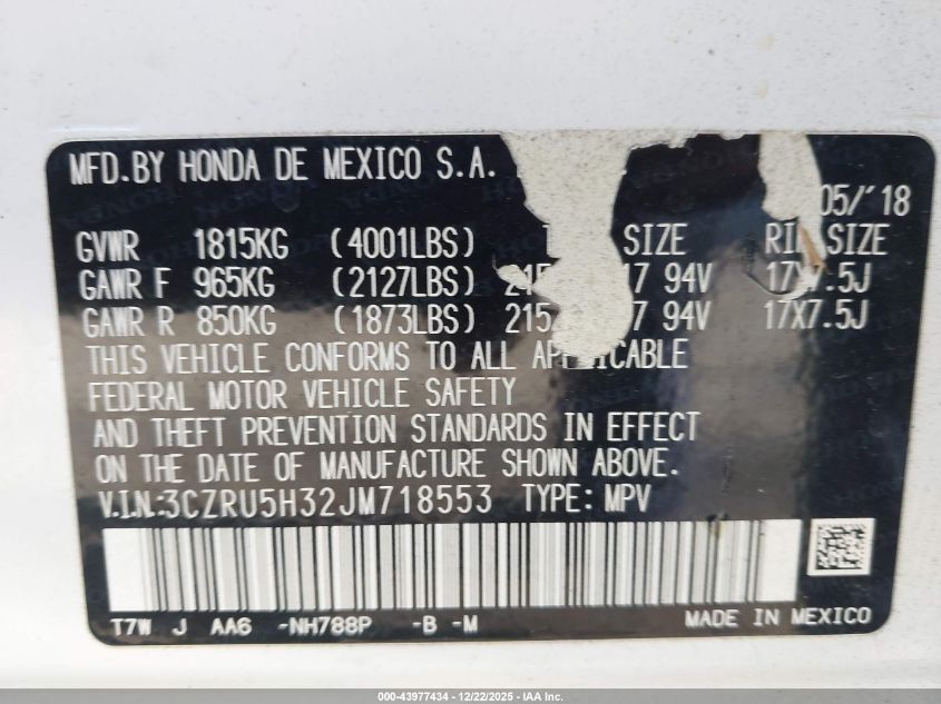 2018 Honda Hr-V Lx VIN: 3CZRU5H32JM718553 Lot: 43977434