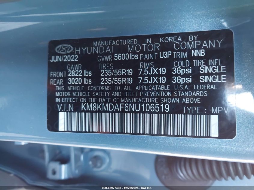 2022 Hyundai Ioniq 5 Se VIN: KM8KMDAF6NU106519 Lot: 43977438