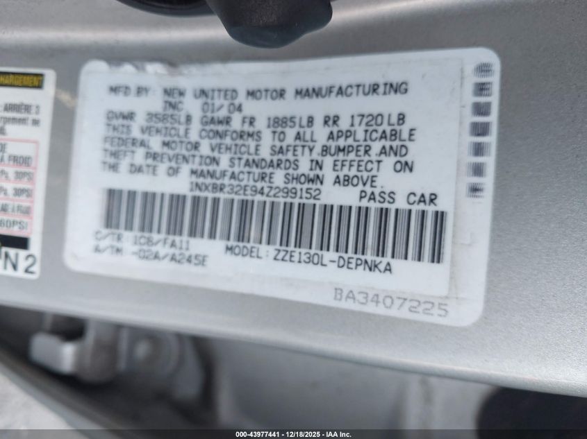 2004 Toyota Corolla Le VIN: 1NXBR32E94Z299152 Lot: 43977441