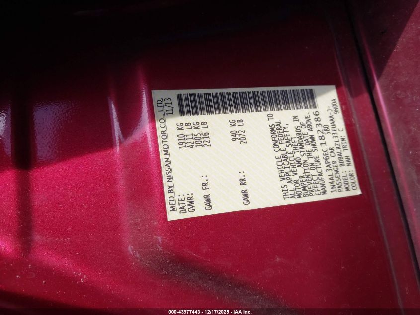 2014 Nissan Altima 2.5 S VIN: 1N4AL3AP6EC182386 Lot: 43977443