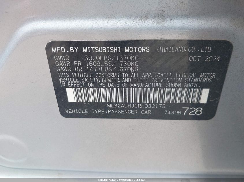 2024 Mitsubishi Mirage Es/Le VIN: ML32AUHJ1RH032175 Lot: 43977446