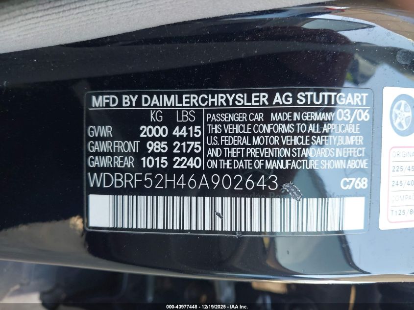 2006 Mercedes-Benz C 230 Sport VIN: WDBRF52H46A902643 Lot: 43977448