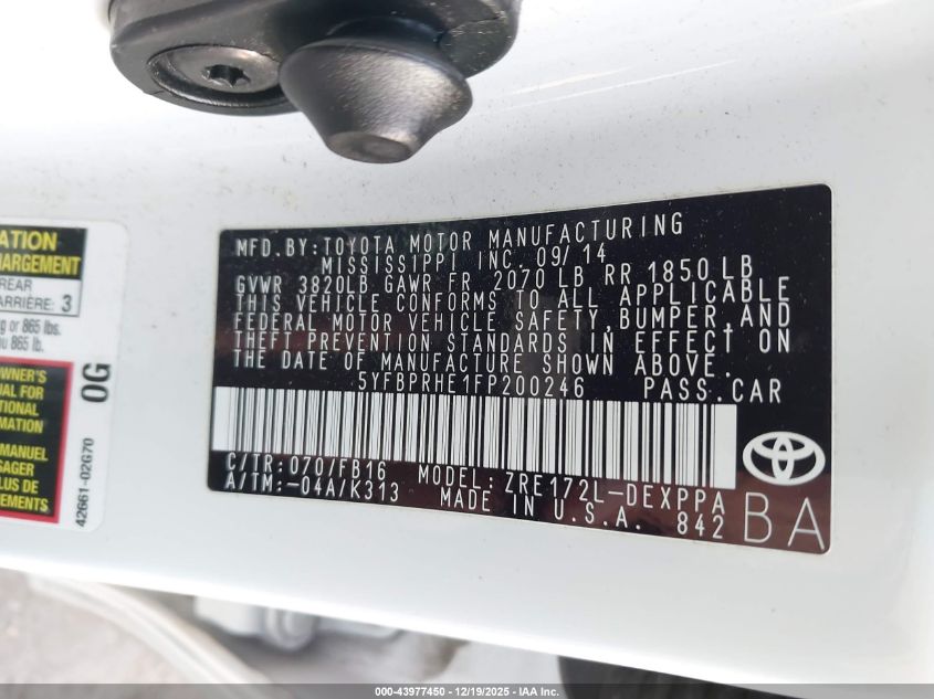 2015 Toyota Corolla Le Eco Plus VIN: 5YFBPRHE1FP200246 Lot: 43977450