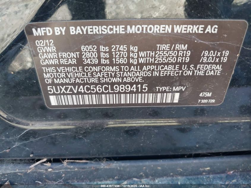 2012 BMW X5 xDrive35I/xDrive35I Premium/xDrive35I Sport Activity VIN: 5UXZV4C56CL989415 Lot: 43977456