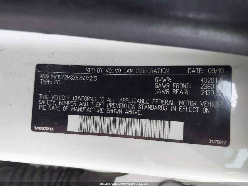2011 Volvo S40 T5/T5 R-Design VIN: YV1672MSXB2537215 Lot: 43977460