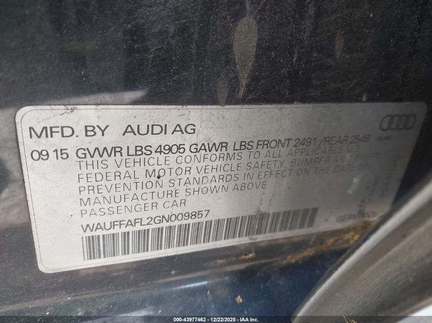 2016 Audi A4 2.0T Premium VIN: WAUFFAFL2GN009857 Lot: 43977462