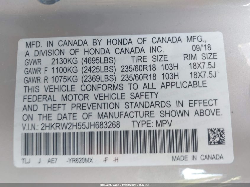 2018 Honda Cr-V Ex VIN: 2HKRW2H55JH683268 Lot: 43977463