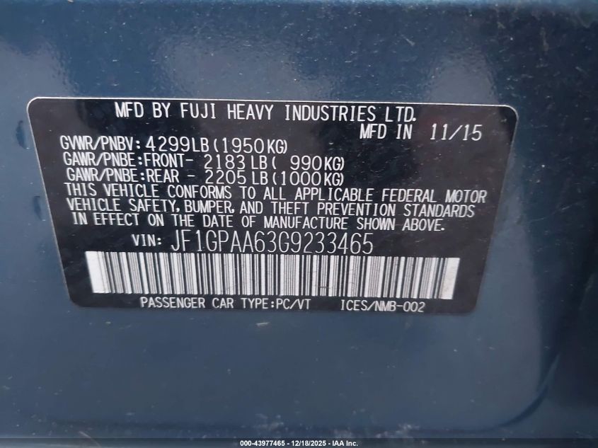 2016 Subaru Impreza 2.0I VIN: JF1GPAA63G9233465 Lot: 43977465