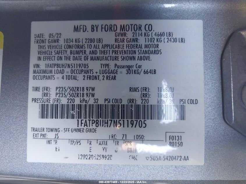 2022 Ford Mustang Ecoboost Premium VIN: 1FATP8UH7N5119705 Lot: 43977469
