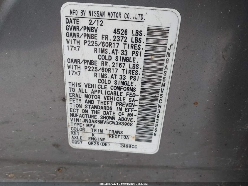 2012 Nissan Rogue Sv VIN: JN8AS5MV5CW393968 Lot: 43977471