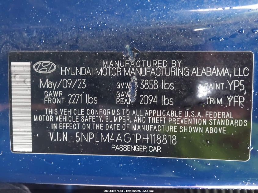 2023 Hyundai Elantra Sel VIN: 5NPLM4AG1PH118818 Lot: 43977473