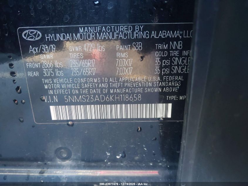 2019 Hyundai Santa Fe Se VIN: 5NMS23AD6KH118658 Lot: 43977476