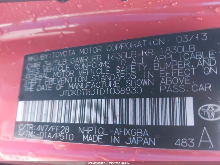 2013 Toyota Prius C Three VIN: JTDKDTB31D1038830 Lot: 43977477