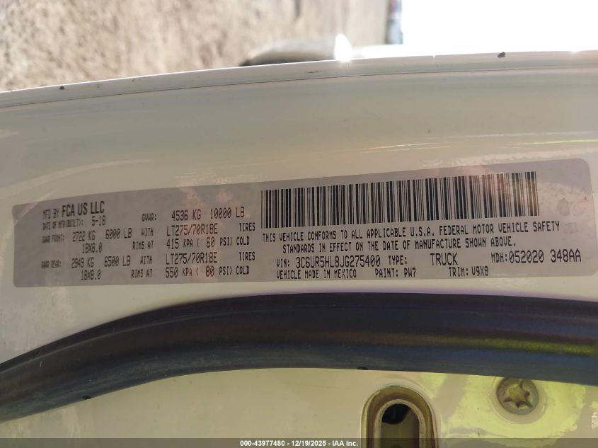 2018 Ram 2500 Tradesman 4X4 8' Box VIN: 3C6UR5HL8JG275400 Lot: 43977480