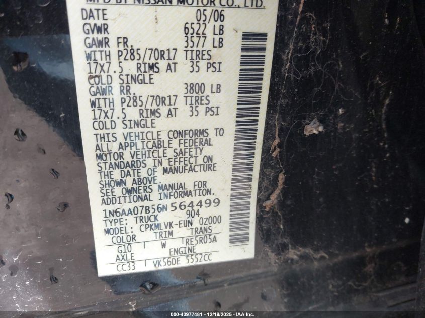 2006 Nissan Titan Le VIN: 1N6AA07B56N564499 Lot: 43977481
