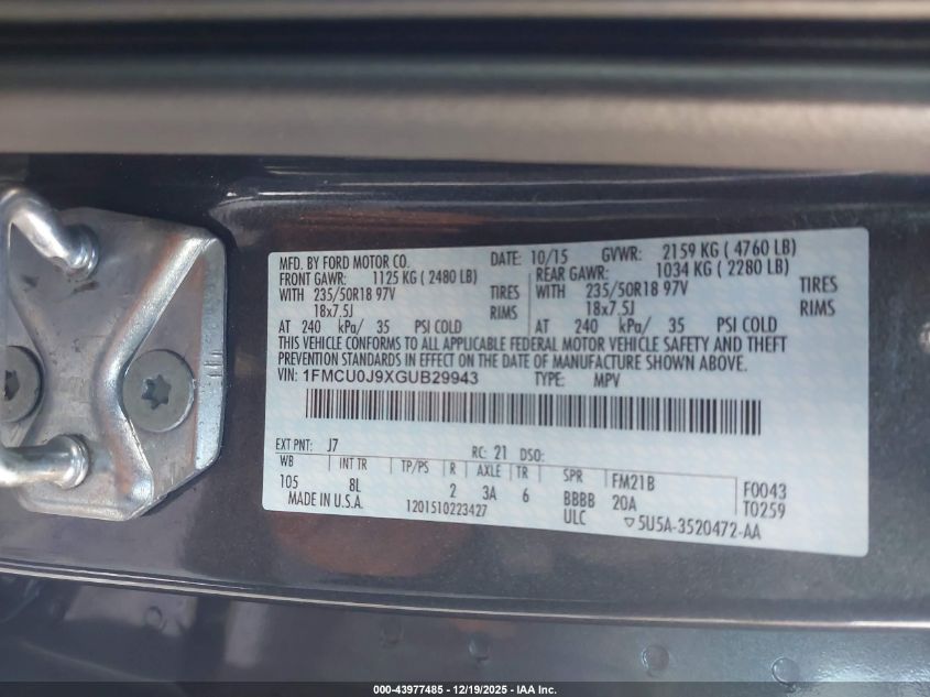 2016 Ford Escape Titanium VIN: 1FMCU0J9XGUB29943 Lot: 43977485