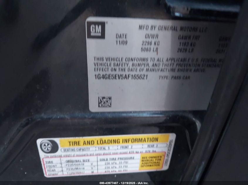 2010 Buick Lacrosse Cxs VIN: 1G4GE5EV5AF165621 Lot: 43977487