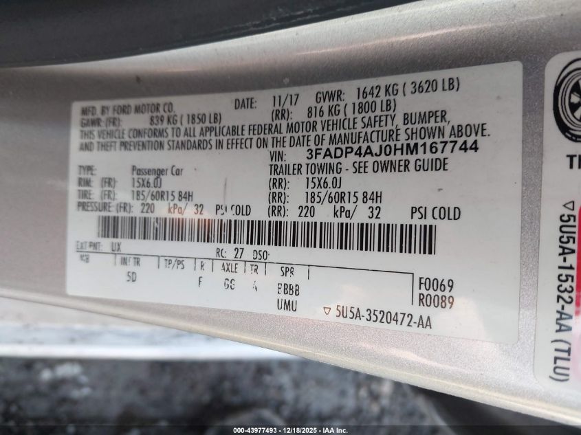 2017 Ford Fiesta S VIN: 3FADP4AJ0HM167744 Lot: 43977493