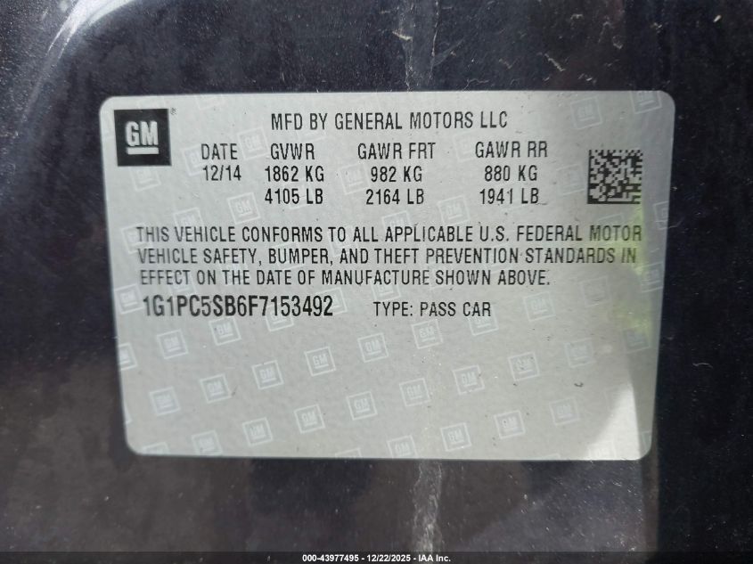 2015 Chevrolet Cruze 1Lt Auto VIN: 1G1PC5SB6F7153492 Lot: 43977495
