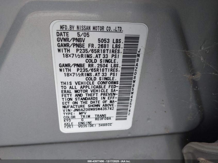 2005 Nissan Murano S VIN: JN8AZ08W95W435742 Lot: 43977496