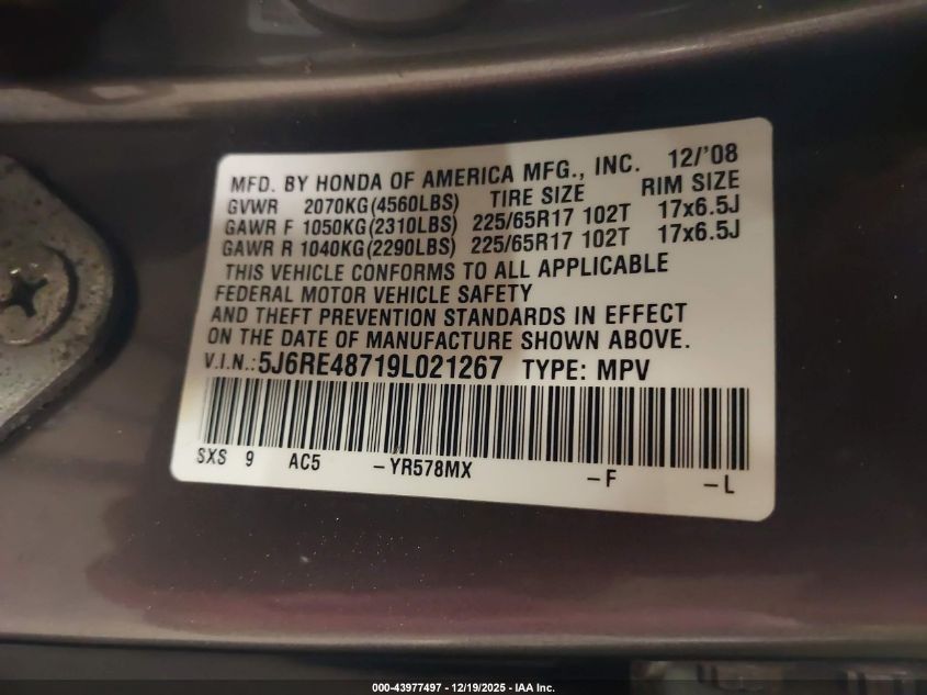 2009 Honda Cr-V Ex-L VIN: 5J6RE48719L021267 Lot: 43977497