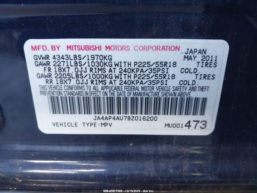 2011 Mitsubishi Outlander Sport Se VIN: JA4AP4AU7BZ016200 Lot: 43977500