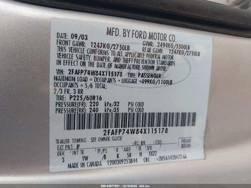 2004 Ford Crown Victoria Lx VIN: 2FAFP74W84X115178 Lot: 43977501