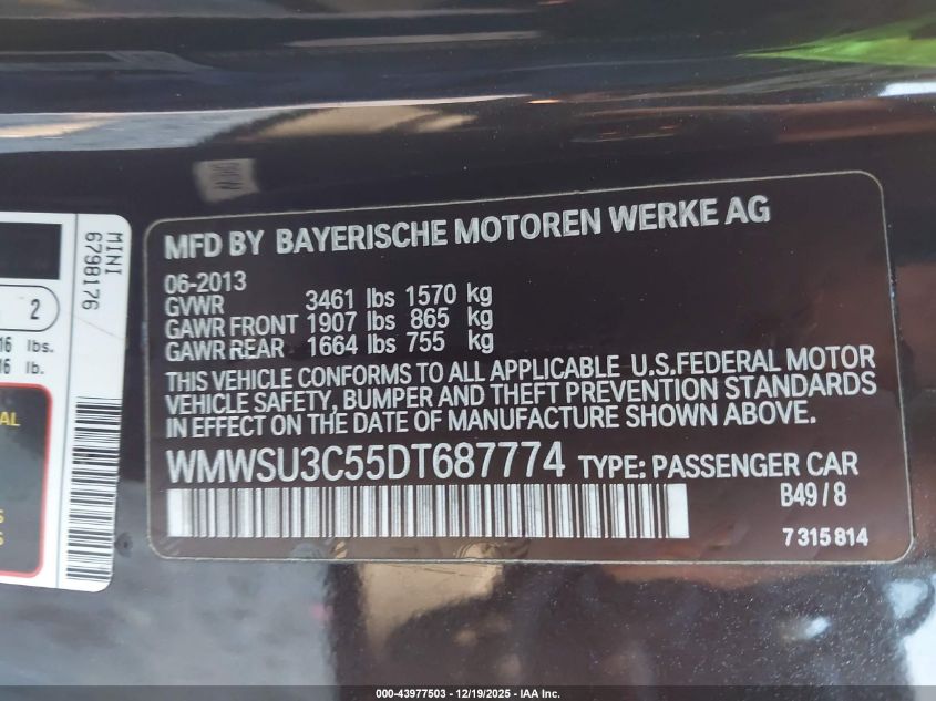 2013 Mini Hardtop Cooper VIN: WMWSU3C55DT687774 Lot: 43977503