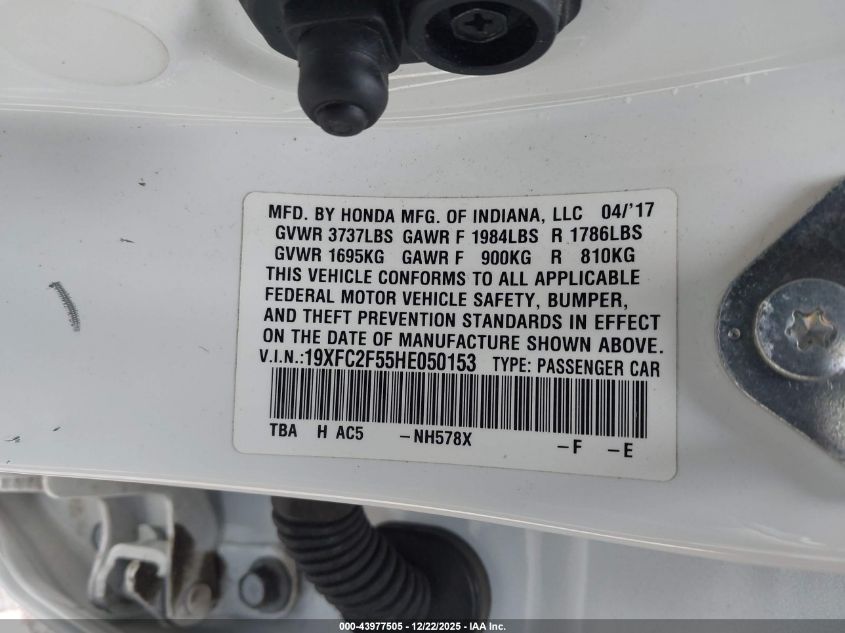 2017 Honda Civic Lx VIN: 19XFC2F55HE050153 Lot: 43977505
