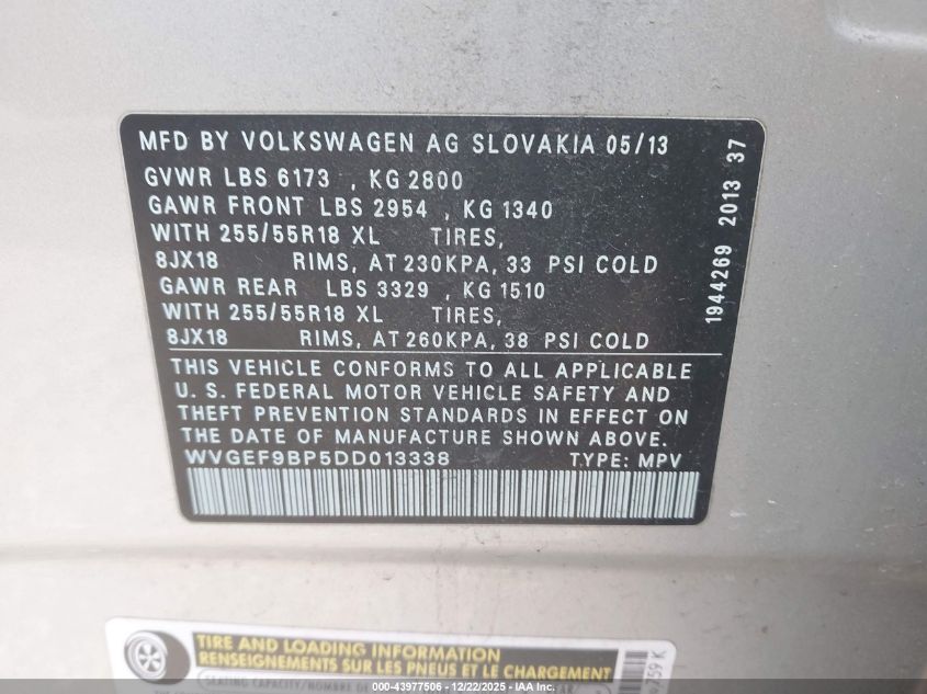 2013 Volkswagen Touareg Vr6 Sport VIN: WVGEF9BP5DD013338 Lot: 43977506