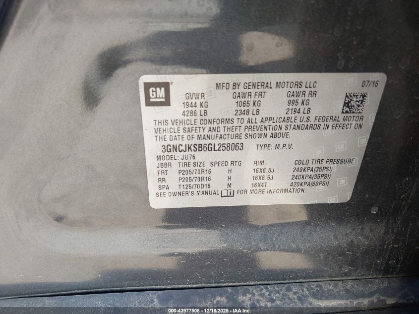 2016 Chevrolet Trax 1Ls VIN: 3GNCJKSB6GL258063 Lot: 43977508