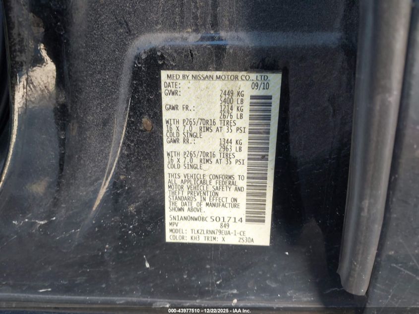 2011 Nissan Xterra S VIN: 5N1AN0NW0BC501714 Lot: 43977510