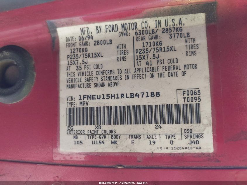 1994 Ford Bronco U100 VIN: 1FMEU15H1RLB47188 Lot: 43977511