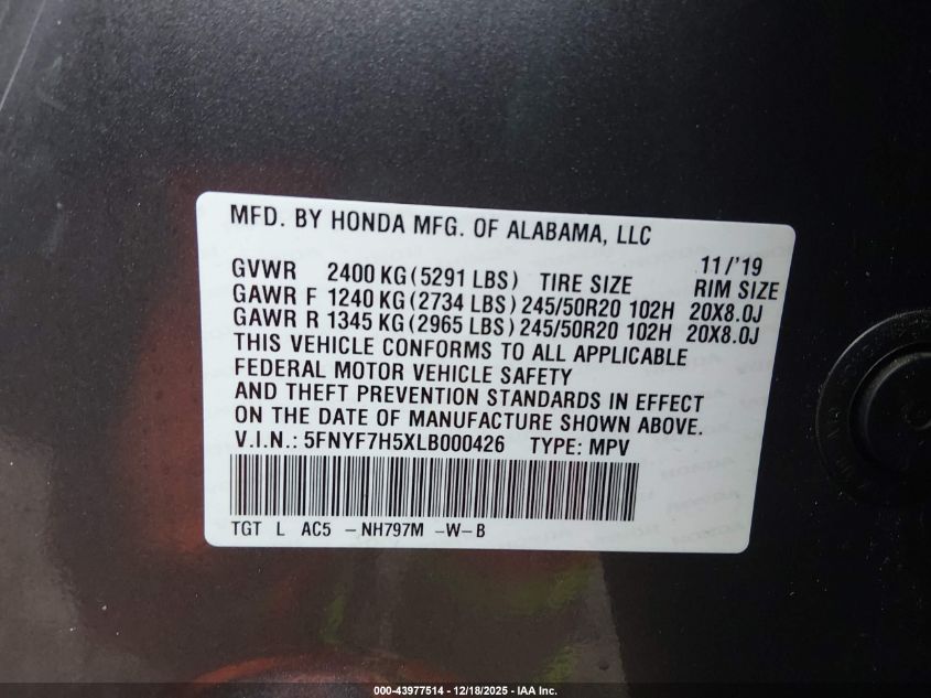 2020 Honda Passport 2Wd Ex-L VIN: 5FNYF7H5XLB000426 Lot: 43977514